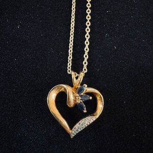 N108 - Gold Tone Open Heart Necklace with Blue Marquise Stones & Rhinestones